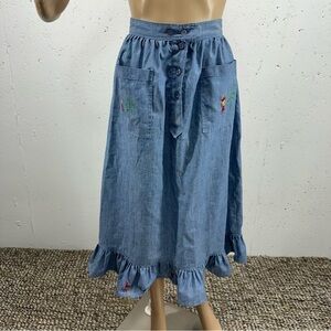 Vintage Handmade size Small Blue Embroidered Peasant MIDI Skirt